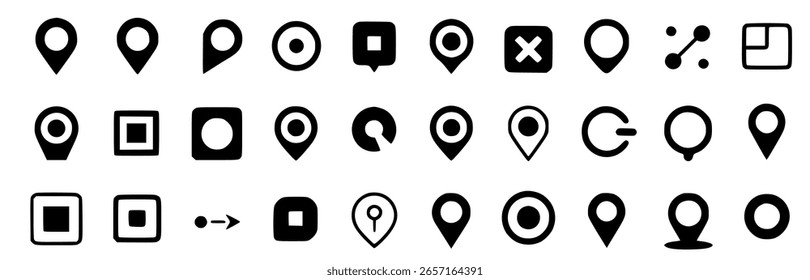 Collection of various black and white map location pins and graphic symbols on a white background.