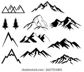 A collection of various black and white mountain and tree silhouettes