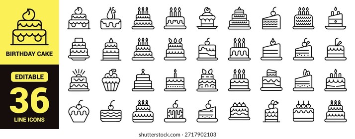 Eine Sammlung von verschiedenen schwarz-weiß umrissenen Symbolen, die Kuchen Partyhüte und feierliche Elemente, Geburtstagskuchen, Essen darstellen