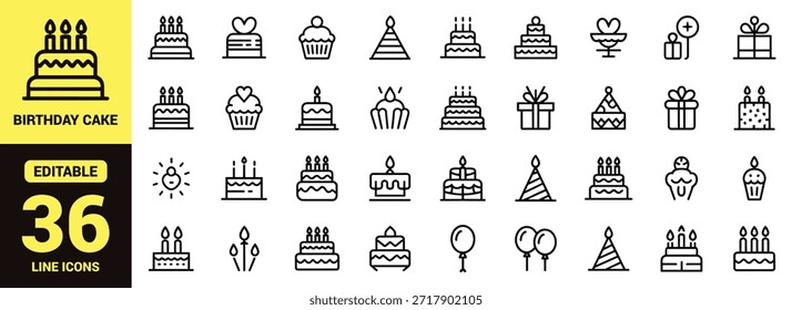 Eine Sammlung von verschiedenen schwarz-weiß umrissenen Symbolen, die Kuchen Partyhüte und feierliche Elemente, Geburtstagskuchen, Essen darstellen