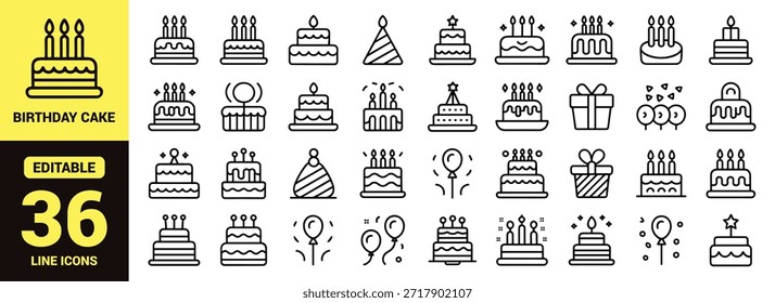 Eine Sammlung von verschiedenen schwarz-weiß umrissenen Symbolen, die Kuchen Partyhüte und feierliche Elemente, Geburtstagskuchen, Essen darstellen