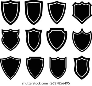 Collection of various black and white shield silhouettes on a clean white background for design