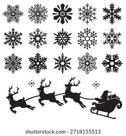  Colección de varios diseños de copos de nieve en blanco y negro en un patrón de cuadrícula, ideal para fondos de invierno, decoraciones o patrones de vacaciones sin costuras.