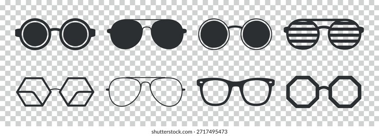 a collection of various black and white sunglasses displayed against a transparent background showcasing diverse frame styles and lens shapes