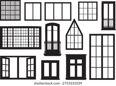 Collection of various black window frames and architectural elements