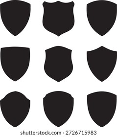 Una colección de varias siluetas de escudo negro en blanco para seguridad, protección y diseños heráldicos.