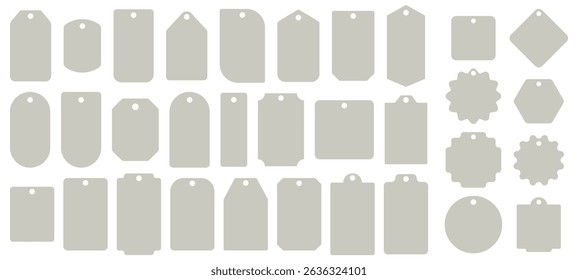Collection of various blank paper tag templates in neutral color, isolated on white, ideal for labeling, crafting, or packaging design. perfect for gift wrapping, merchandise tags, or digital design