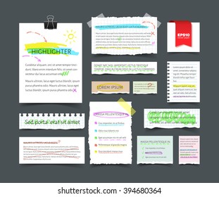 Collection de diverses feuilles et cartes de papier blanc vierge avec texte et surligneur isolé sur fond blanc. Illustration vectorielle réaliste de papier vierge et de papiers-notes.