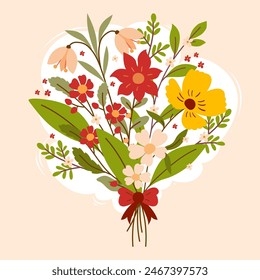 Collection of various blooming flowers with branches and leaves. Decorative hand drawn bouquet with wild flowers