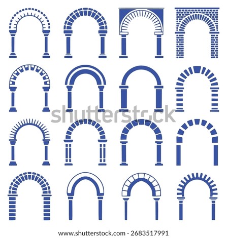 A collection of various blue architectural arch designs, including Roman, Gothic, and modern styles, presented as silhouettes on a white background.