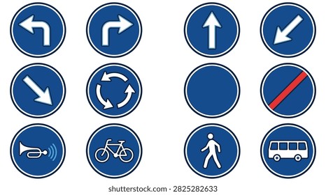 A collection of various blue circular road traffic signs featuring arrows, bicycle, pedestrian, and bus icons on a white background