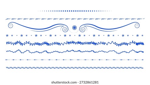 Uma coleção de vários divisores de linha decorativos azuis. O conjunto inclui elementos gráficos vetoriais, como redemoinhos, estrelas, pontos e bordas desenhadas à mão para o layout da página.
