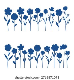 A collection of various blue flower silhouettes arranged in two rows on a white background.