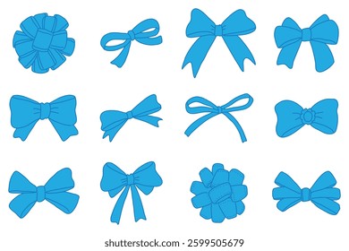 Collection of various blue gift bows in different styles and shapes. Great for festive decorations, packaging design, and celebratory illustrations.