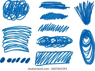Collection of various blue marker strokes and scribbles on isolated background. Strokes vary in thickness, density, and direction, showcasing different marker techniques and textures