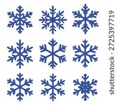 Collection of various blue snowflake designs. Winter and Christmas holiday symbols isolated on a white background for decoration and design.