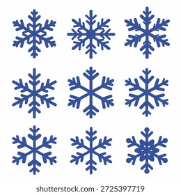 Collection of various blue snowflake designs. Winter and Christmas holiday symbols isolated on a white background for decoration and design.