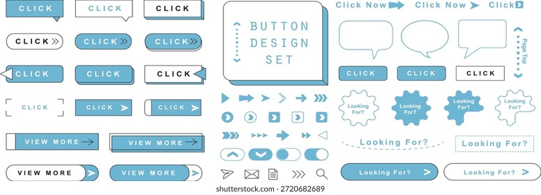 Sammlung verschiedener blau-weißer Website-Schaltflächen und Symbole für das Design von Benutzeroberflächen, einschließlich Click, View more und Sprachblasen für digitale Kommunikation und Navigation