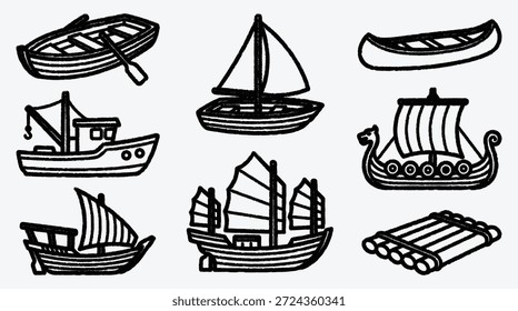 Colección de varios tipos de embarcaciones y barcos sobre fondo blanco
