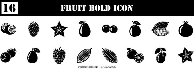 Collection of various bold fruit icons, featuring common and exotic fruits in a clean, graphic, black and white style
