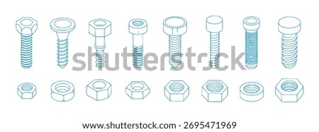 A collection of various bolts and nuts rendered in blue line art on a white background, showcasing different types and styles of fasteners.