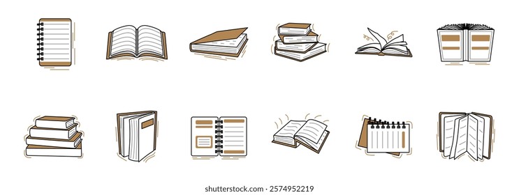 A collection of various book and notebook illustrations showcasing different styles and perspectives.