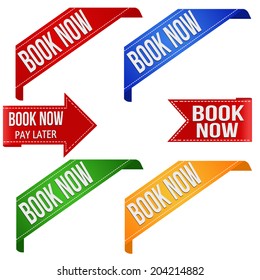 Collection of various book now promo ribbons on white, vector illustration