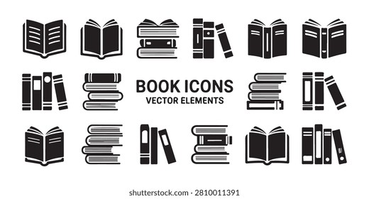 Collection of various book related vector elements showing open volumes and orderly shelves for library visualization.