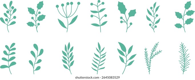 collection of various botanical silhouette vibrant green leave, intricate plant elements. minimalist floral patterns, natural compositions, abstract plant designs, decorative greenery