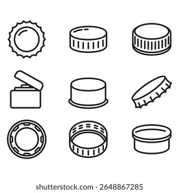 Collection of various bottle cap shapes. Thin line style vector.