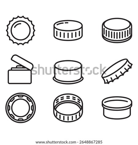 Collection of various bottle cap shapes. Thin line style vector.
