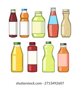 Coleção de várias garrafas apresentando diferentes líquidos coloridos e rótulos em branco, representando uma gama diversa de sucos de frutas saudáveis, smoothies, e outras bebidas nutritivas