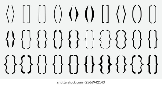 Collection of various bracket and brace styles in black on a white background, including square, curly, and angled designs.