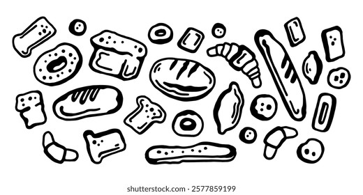 A collection of various bread and pastry illustrations banner, on a white background
