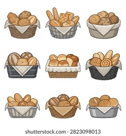 Collection of various bread types including loaves rolls and baguettes displayed in woven baskets