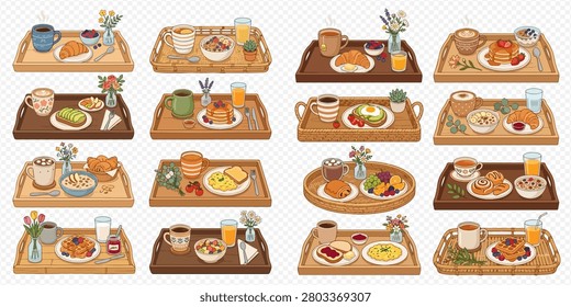 A collection of various breakfast trays, each featuring a delightful assortment of morning meals and beverages.
