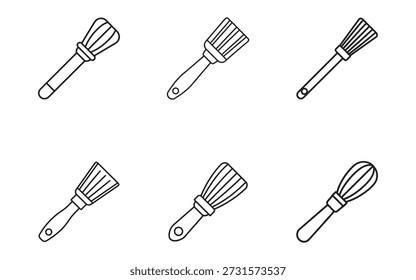 Coleção de vários tipos de pincéis pincéis culinários pincéis de pastelaria e pincéis de pintura em um conjunto de ilustração vetor simples para projetos criativos