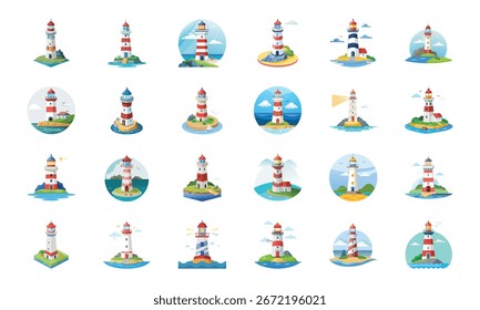 Coleção de Vários Ícones de Edifício e Arquitetura, Incluindo Templo, Igreja, Fábrica, Estádio, Lojas, Celeiro, Estufa, Camper, Casas, Apartamentos, Posto de Gás, Escola, Farol, Mesquita e Ware