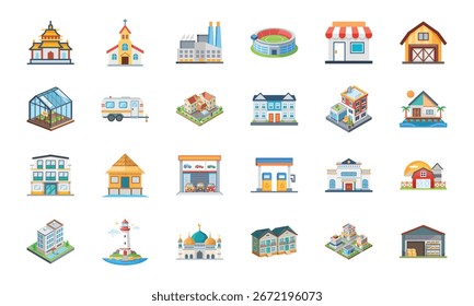 Collection of Various Building and Architecture Icons Including Temple, Church, Factory, Stadium, Shops, Barn, Greenhouse, Camper, Houses, Apartments, Gas Station, School, Lighthouse, Mosque, and Ware