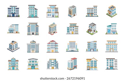 Collection of Various Building and Architecture Icons Including Temple, Church, Factory, Stadium, Shops, Barn, Greenhouse, Camper, Houses, Apartments, Gas Station, School, Lighthouse, Mosque, and Ware