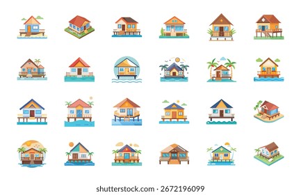 Collection of Various Building and Architecture Icons Including Temple, Church, Factory, Stadium, Shops, Barn, Greenhouse, Camper, Houses, Apartments, Gas Station, School, Lighthouse, Mosque, and Ware