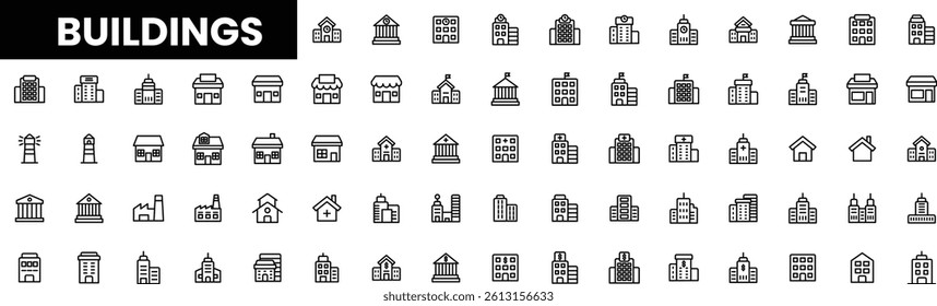 Collection of various building icons in minimalistic line art style.