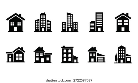 Colección de varias ilustraciones de edificios mostradas sobre un fondo blanco