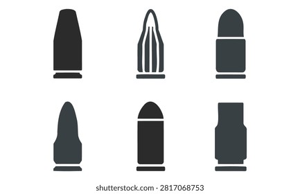 Collection of various bullet icons representing ammunition for firearms isolated on transparent background