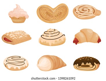 Collection of various buns and cookies. Vector illustration on white background.