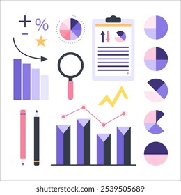 A collection of various business and data analysis tools and concepts, including charts, graphs, pencils, magnifying glass and clipboard. Vector Illustration.