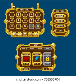 Collection of various buttons, icons, windows, and user interface elements with steampunk theme, used for creating action video games