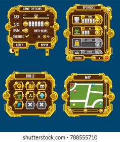 Collection of various buttons, icons, windows, and user interface elements with steampunk theme, used for creating action video games