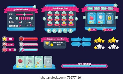 Colección de varios botones, iconos, ventanas y elementos de interfaz de usuario con tema de espacio y planeta. Utilizado para crear juegos casuales