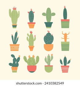 Collection of various cacti in colorful pots. Different types of cactus plants flat design. Desert flora and succulent collection vector illustration.